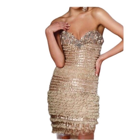 Terani Couture Nude Lace Satin Floral Rhinestone Cocktail Dress| Size 12 - Picture 1 of 11